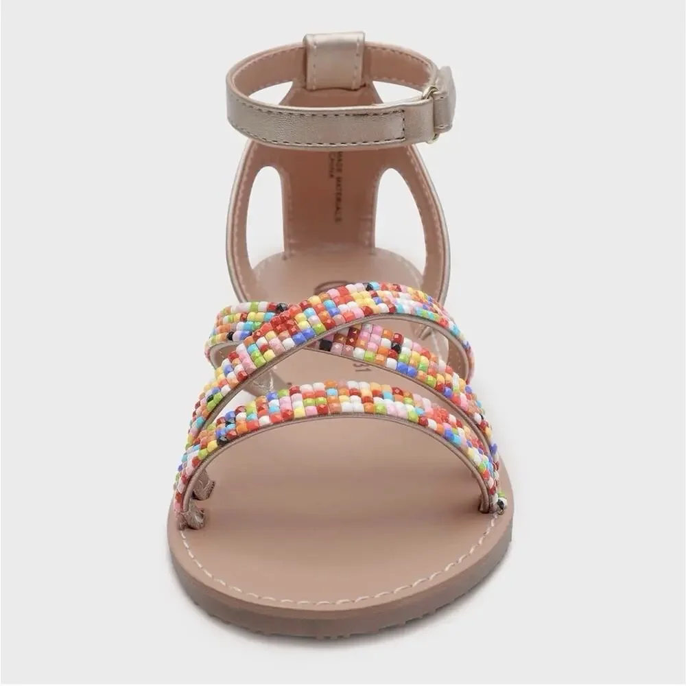 Girls Ankle Strap Flat Beaded Gladiator Sandals Girls 1 New